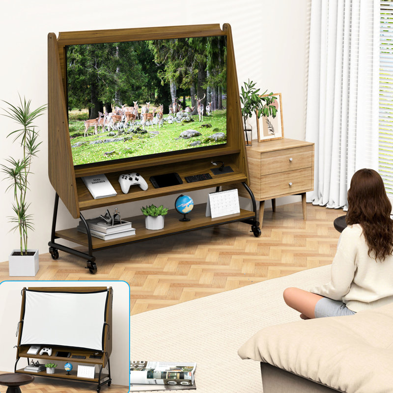 Support TV réglable pour téléviseurs de 32 à 50 pouces, chariot à roulettes pivotant à 360°, 3 étagères, hub d'alimentation intelligent et écran de projection dissimulé, matériau, configuration de divertissement pour chambre à coucher, étagères mobiles et verrouillables.