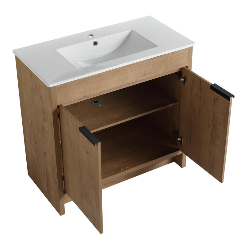 Ensemble de meuble-lavabo simple Addisun, Blanc, Imitation chêne, 36"