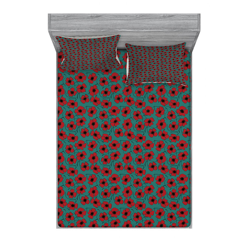 Ensemble de draps à motif floral coquelicot, Ensemble de draps pour lit double avec un drap-hou
