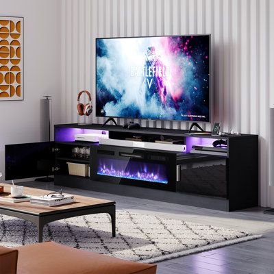 Gaming TV Stand for TVs up to 90", Media Console with Electric Fireplace and Power Outlets, Large Storage Space
