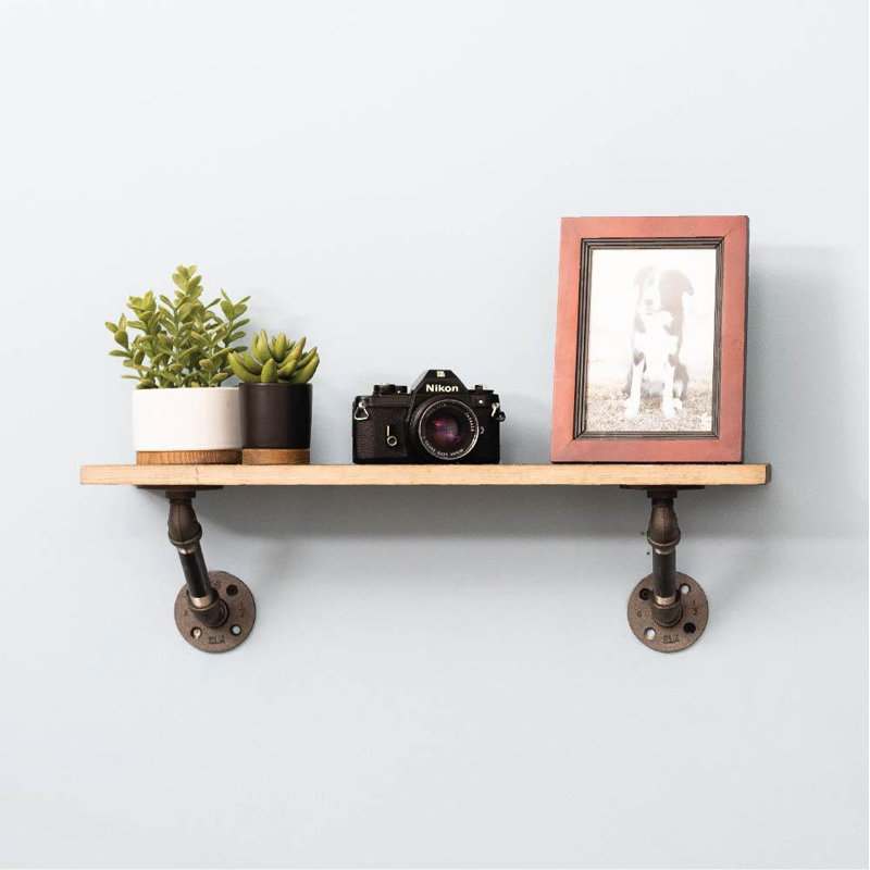 1/2 In. Black Pipe Wall Mounted Double Flange Angled Shelf Bracket Kit, 5.75" H x 5.75" W x 0.5" D