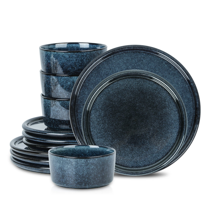 Stone Lain 12 Piece Modern Stoneware Dinnerware Set Plates, Bowls, Dark Blue, Blue