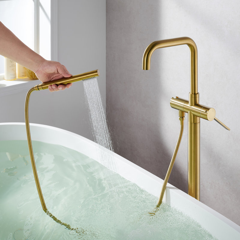 Florin Single Lever Handle Freestanding Floor Mounted Tub Filler with Handshower, Brushed Gold