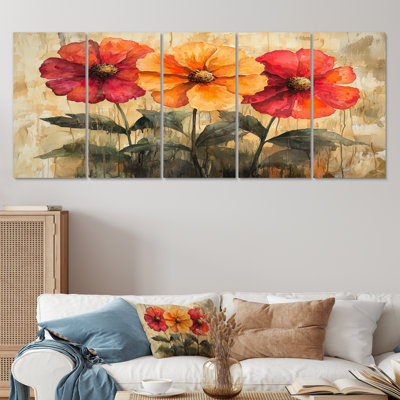 Zinnias Sunrise Hues II - art mural Zinnias - décoration murale traditionnelle 5 pièces