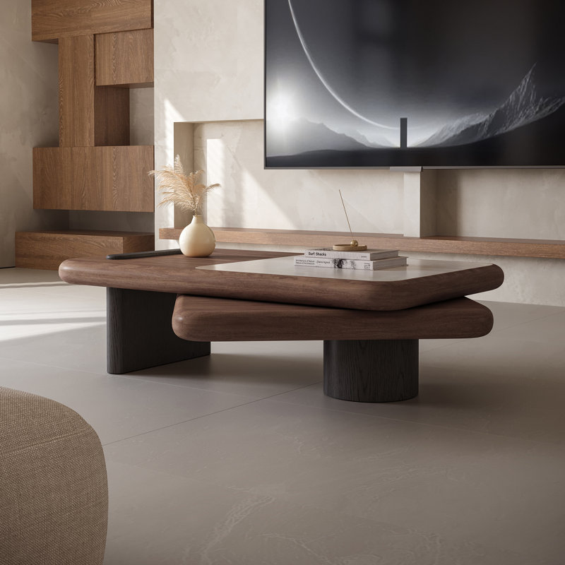 Table basse pivotante à 360° à double plateau avec placage en noyer et plateau en pierre frittée aspect travertin, grande table basse ronde moderne extensible de 119 à 150 cm pour salon, aucun assemblage requis
