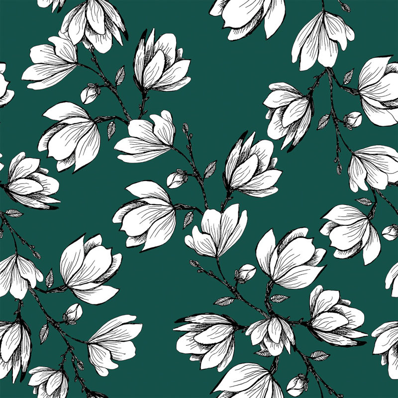 Papier peint vert foncé avec des fleurs blanches, Noir / Vert