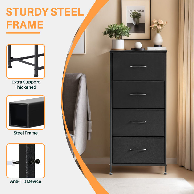 Yashin Dresser For Bedroom 4 Storage, Tall Fabric Closet Chests Organizer Tower Furniture With Wooden Top Metal Frame For Clothes, Kids, Living Room, Hallway, Entryway, 4-Drawer