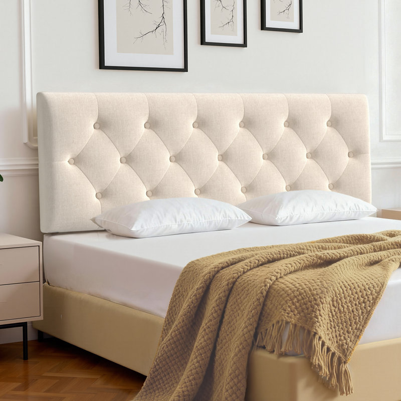 Tufted Upholstered Headboard Queen Size, Solid Wood Head Board with Durable Metal Legs, Linen Fabric Padded Headboard, Adjustable Height from 37” to 51”, Modern Button Design Head Board, Beige