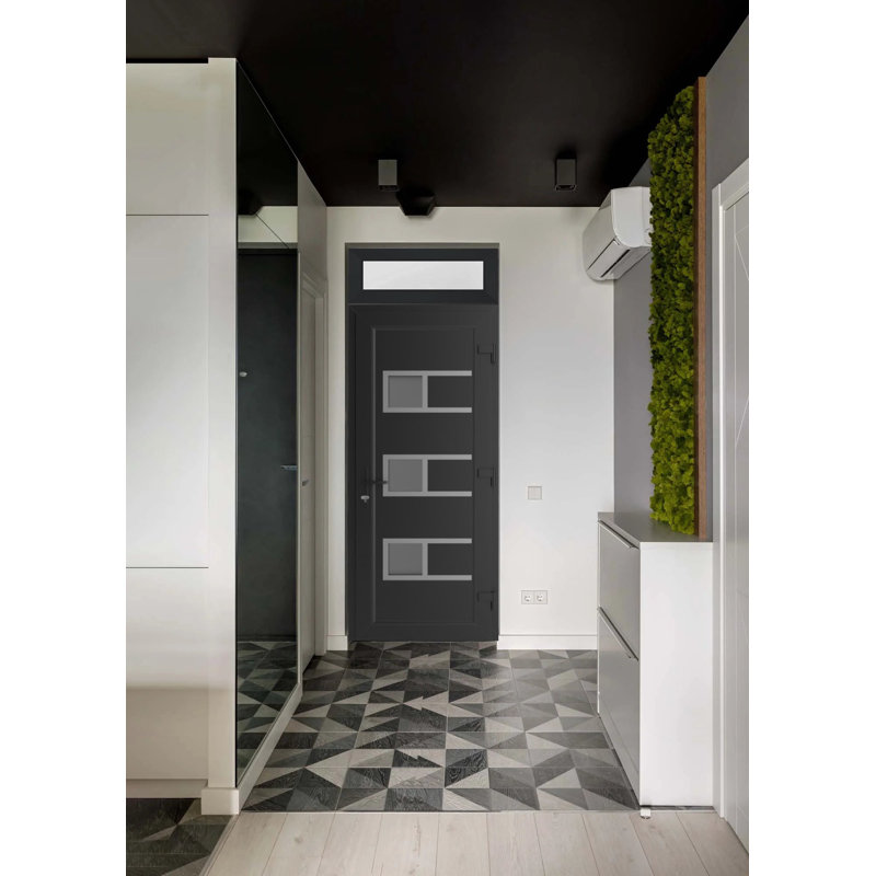 Porte d'entrée extérieure prémontée en PVC-U métal-plastique Manux 8933, noir mat, avec imposte et panneau latéral supérieur. Convient aux bureaux, aux commerces et aux habitations. Parfait pour l'entrée, les patios et les garages. Dimensions : 91,4 cm x 238,9 cm (L 91,4 cm x H 203,2 cm + 35,6 cm). Ouverture à gauche vers l'intérieur.