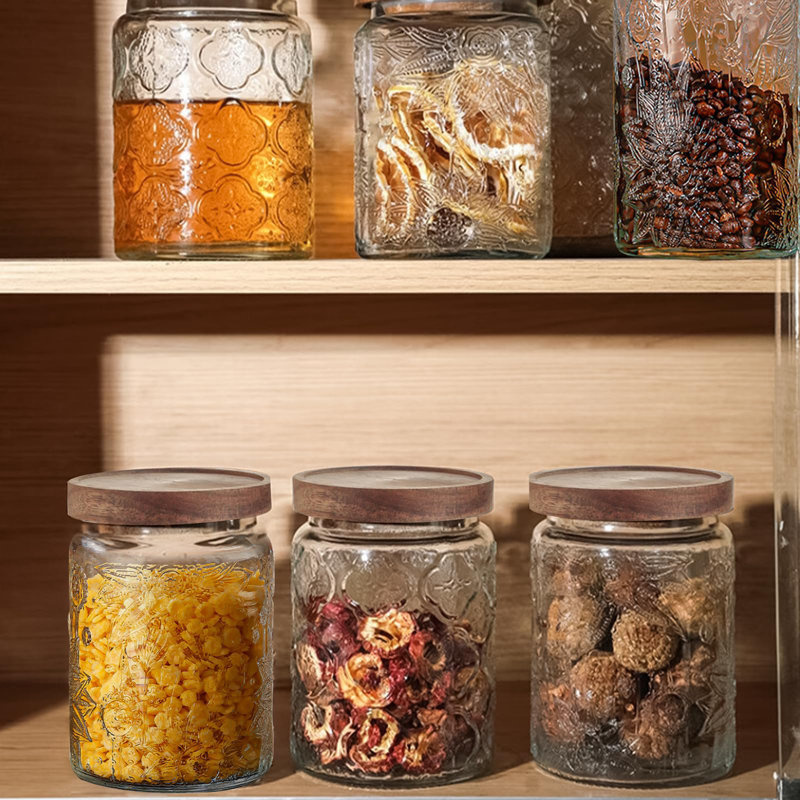 Pot de rangement en verre 24 oz / 4 PCS avec couvercles en bois de bambou hermétiques, ensembles de contenants de nourriture rétro