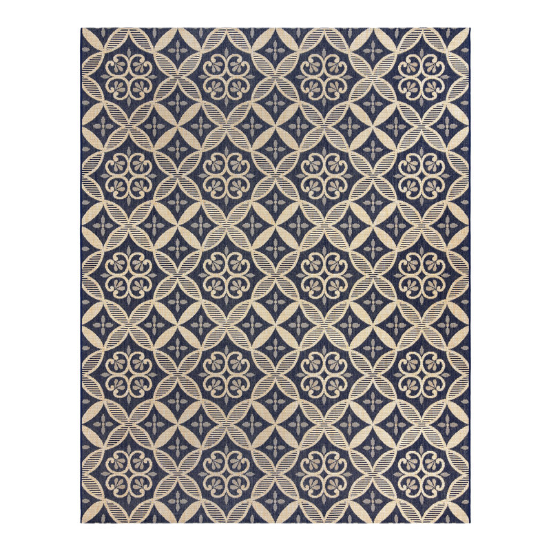 Paseo Gurseerit All-Weather Flatweave Indoor/Outdoor Area Rug, Navy Blue Beige Medallion Checkered – Patio, Deck, Porch & Living Room - Navy, 5x7