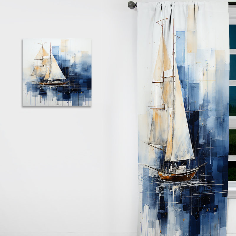Lachlan Blue And White Nautical Geometry Boat - Nautical Curtain - Velvet Room Darkening - 1 panel, 52" W x 120" L