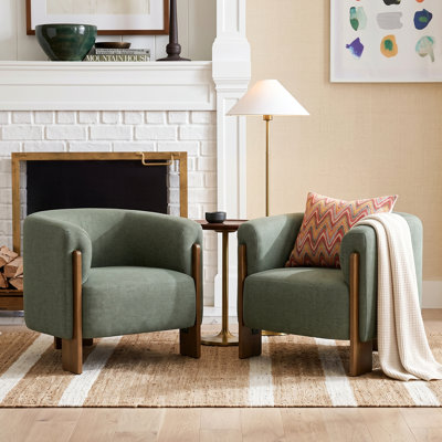 Kellan Mid-Century Modern Upholstered Barrel Accent Chair with Curved Enclosed Arms and Solid Wood Supports
