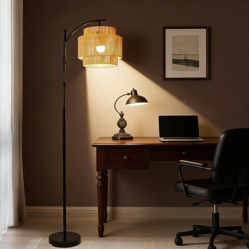 Adjustable Height Floor Lamp With Remote & Foot Switch - Dimmable Rattan Arc Standing Lamp With Rotating Shade, 3 Colour Temperatures For Living Room And Bedroom