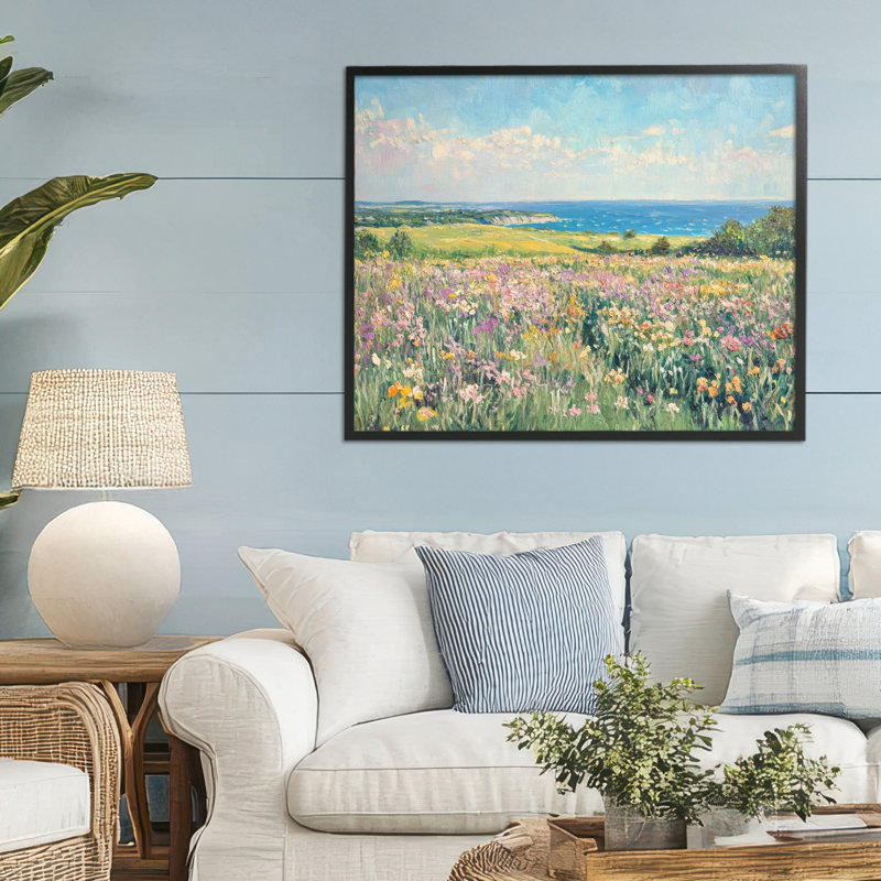 «Lilac Coast Seascape», estampe numérique par Petal Prints Design, Giclée encadrée noir minuit, H 24 po x l 30 po