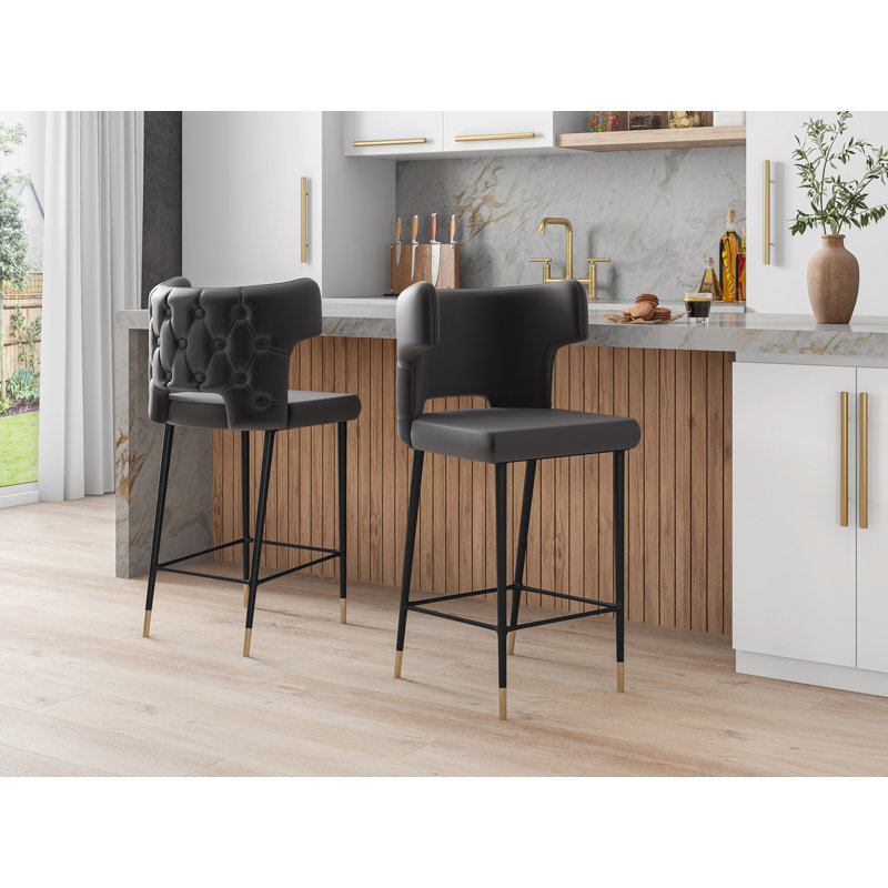 Holguin Mid-Century Modern Vegan Leather Upholstered Solid Wood Counter Stool in Graphite, Gray, 1