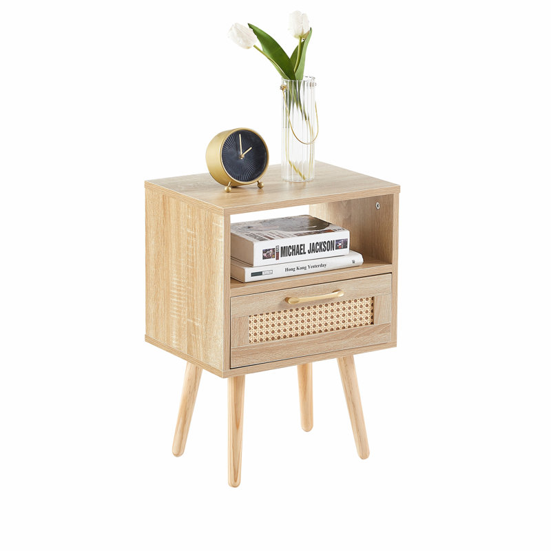 Rattan End Table With Drawer, Natural