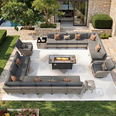 Emroy 16 - Person Outdoor Conversation Set,  Wicker Patio Seating Group with Cushions, All Weather Sectional Sofa Set with Fire Pit for Garden, Backyard