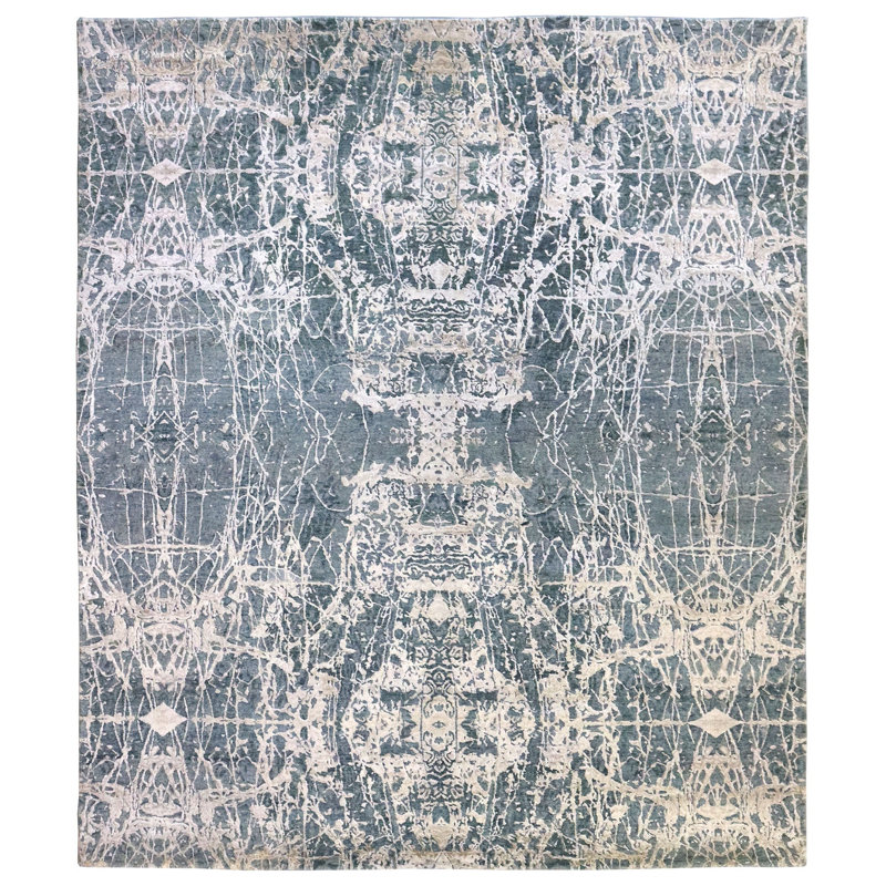 Flight Damask Area Rug in Blue/Taupe/Silver, Rectangle 8' x 9'7"