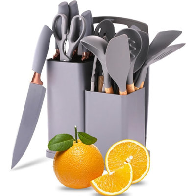 Ensemble d'ustensiles et de couteaux de cuisine 19 pièces - 11 outils de cuisine en silicone + 5 couteaux, planche à découper et ciseaux en acier inoxydable - résistants à la chaleur, sans BPA pour la maison et la cuisine