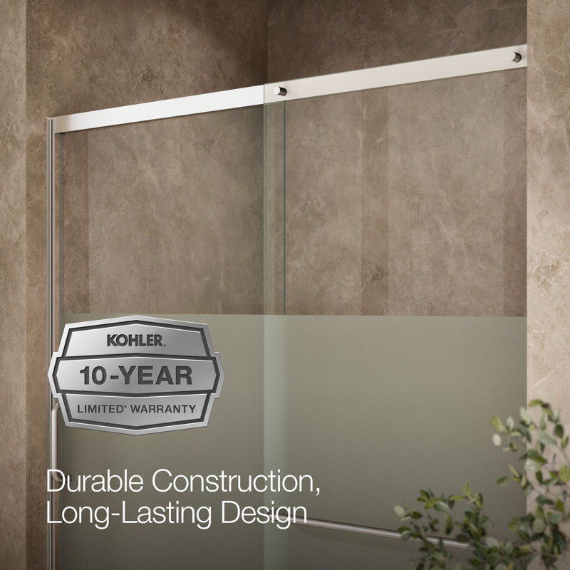 Elate Tall Sliding Shower Door, 75-1/2-In H X 62-1/4 - 65-5/8-In W With Heavy 5/16-In Thick Crystal Clear Glass With Privacy Band