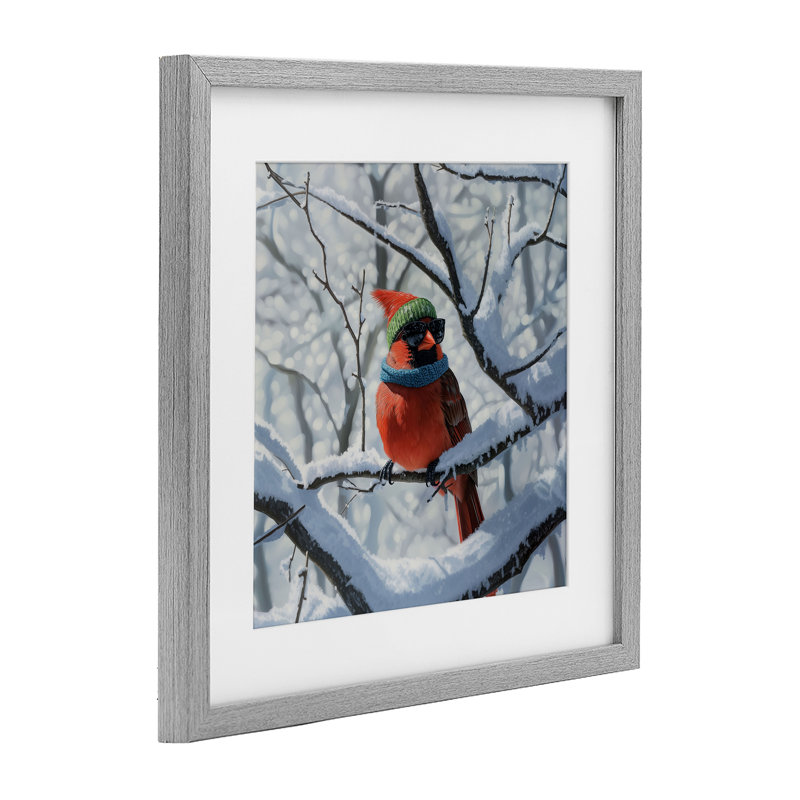 «Winter Cool Cardinal», impression par Jim Baldwin, H 13 po x l 13 po, Cadre de ferme gris