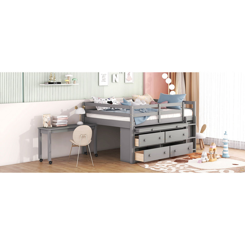 Full Size Loft Bed With Retractable Writing Desk And 4 Drawers