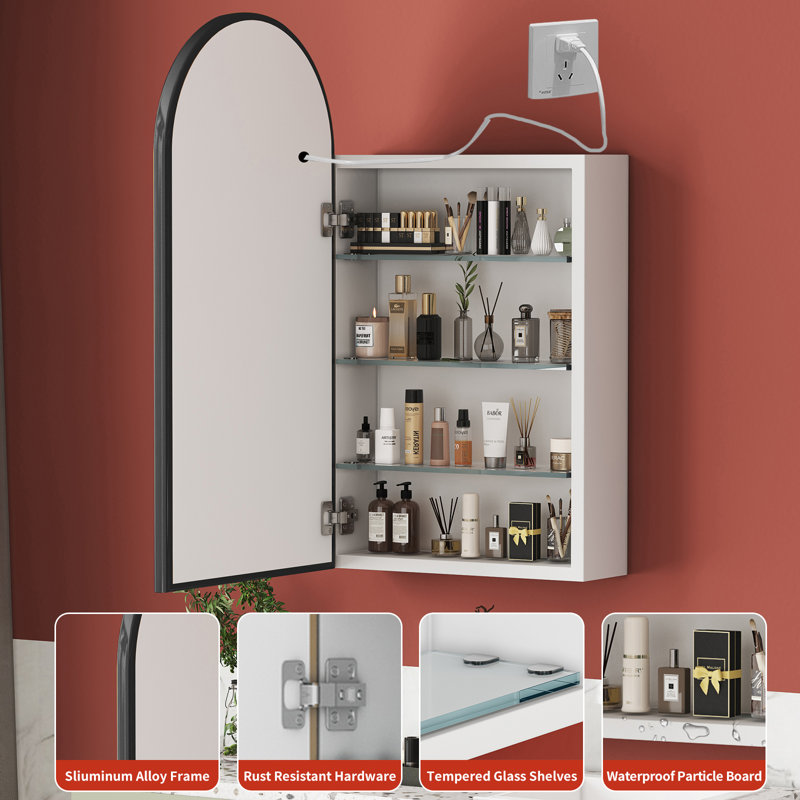 Armoire à pharmacie arquée avec éclairage, miroir encastré à DEL avec rangement pour salle de bain, armoire de salle de bain rectangulaire en acier inoxydable avec cadre en métal et miroir noir 20 x 36 po