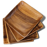 Wooden Dinner Plate, Set Of 4, 10” Square Acacia Plates, Rustic, Durable, Unbreakable For Food, Dinner, BBQ’S, Picnics, Hand Carved, Natural, Sustainable Wood Dinnerware