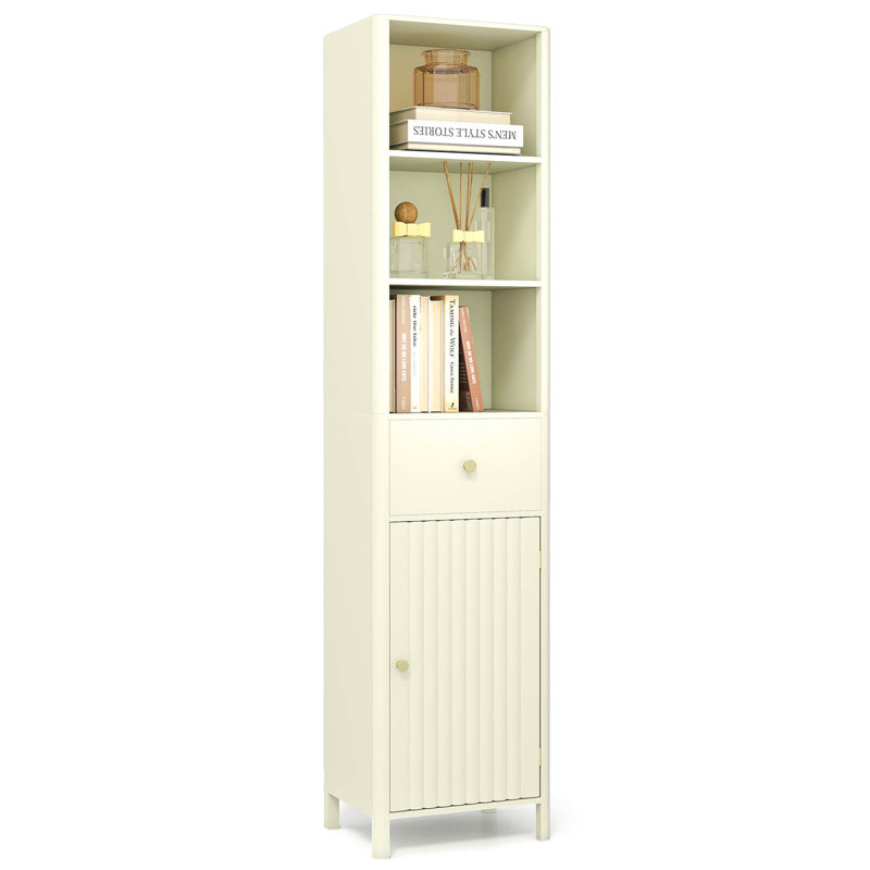 Armoire de salle de bain de 67 po de hauteur avec 3 tablettes ouvertes, 1 tiroir et tablette intérieure réglable blanc cassé