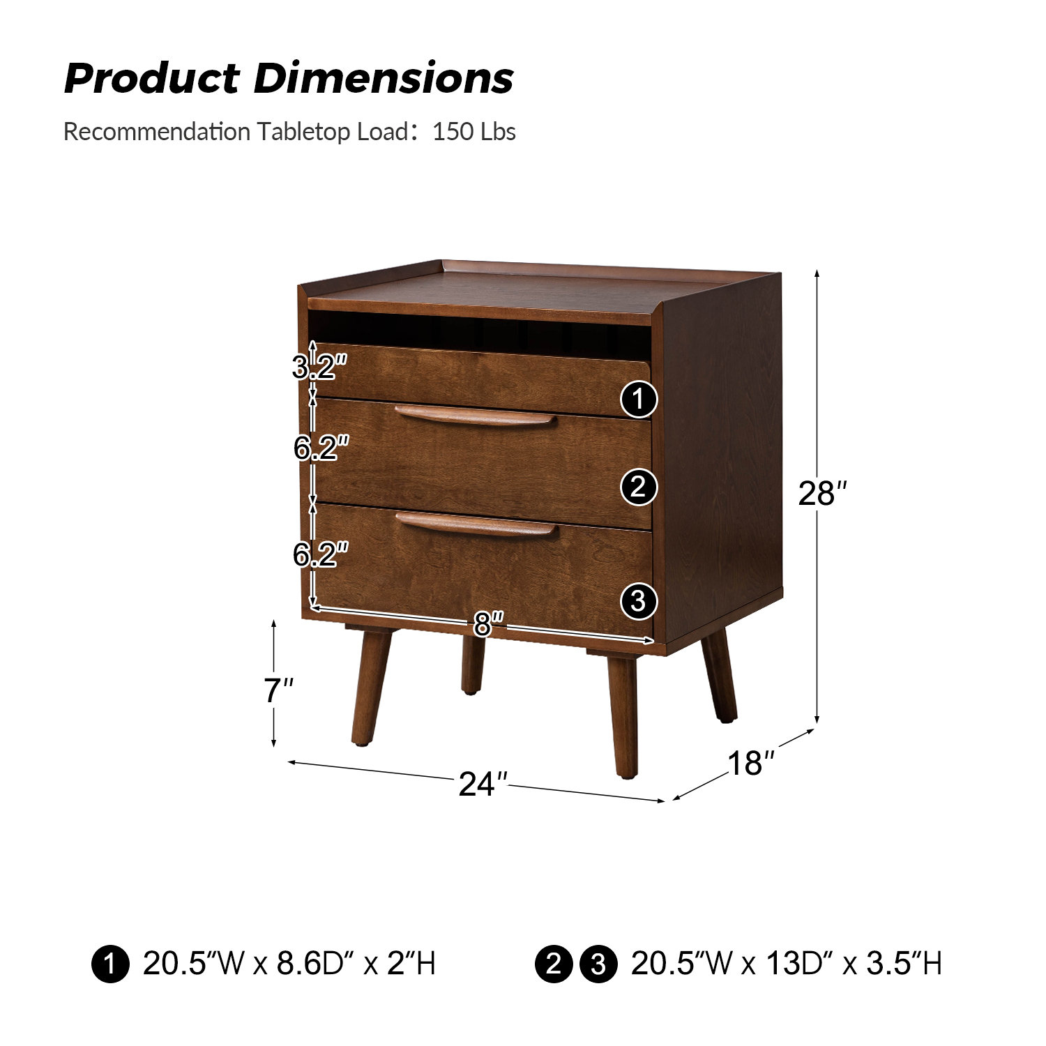 Sebrina Mid-century Modern 24''W 3-Drawer Nightstand with Charging Station and Solid Wood Legs