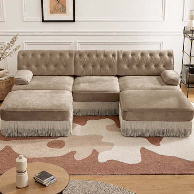 Canapé modulaire en U en velours modulaire avec 2 repose-pieds, canapé Chesterfield 3 places avec capitonnage à boutons et jupe à pampilles, tissu respirant pour le salon, la chambre à coucher