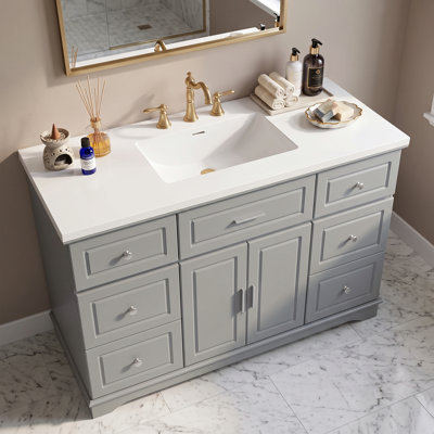 Meuble-lavabo simple de 122 cm (48 po) avec comptoir en surface solide intégré, armoire de rangement à 7 tiroirs, portes à fermeture amortie, style traditionnel sur pied, assemblage requis