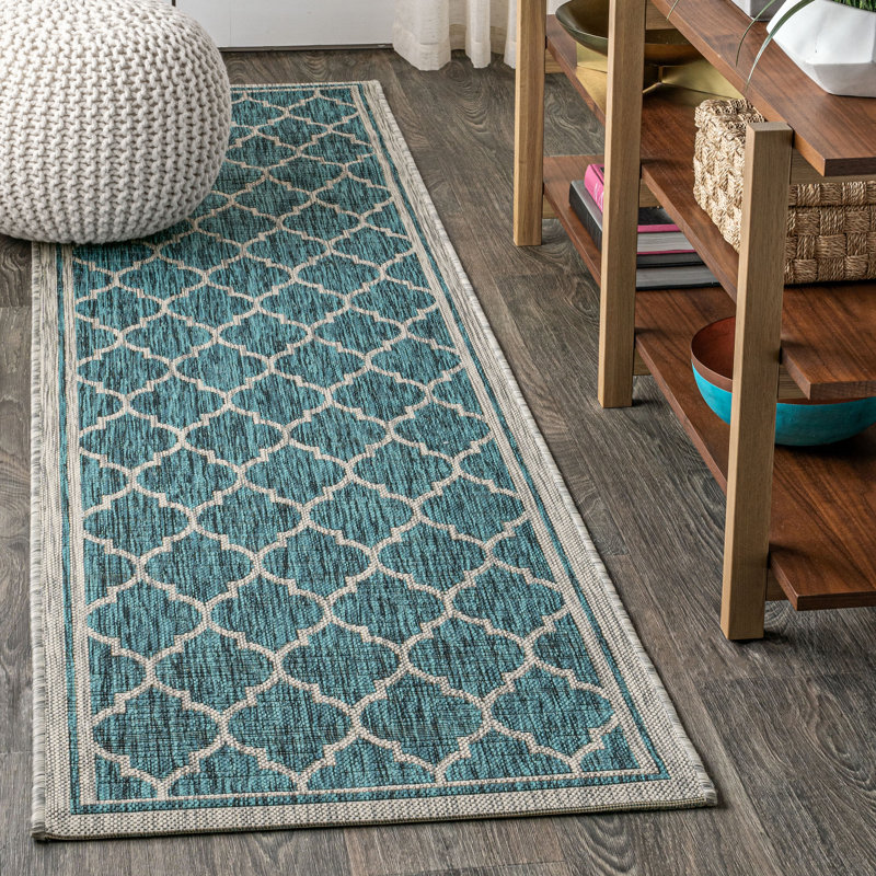Tapis d'intérieur / extérieur bleu sarcelle / gris Hague, Tapis de couloir 2 pi 2 po x 10 pi