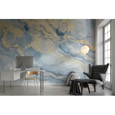 Blue Gold Marble Effect Wallpaper Modern Abstract