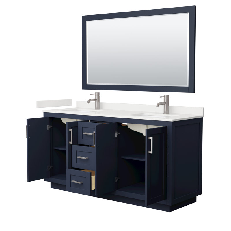 Miranda 66" Freestanding Double Bathroom Vanity with Quartz Top with 58" Mirror, White Quartz, Dark Blue, Brushed Nickel