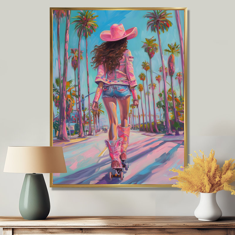 «Cowgirl Rollerblading Down Sunset Boulevard» - décoration murale Cowgirls, Toile avec cadre flottant or