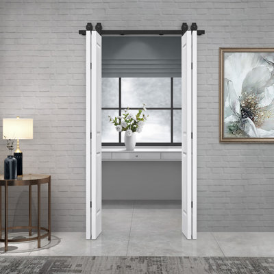 Ensemble de quincaillerie pour porte de grange coulissante double pliante 2 panneaux 72 po x 80 po blanc 72 po x 80 po inclus | Idée de cadeau