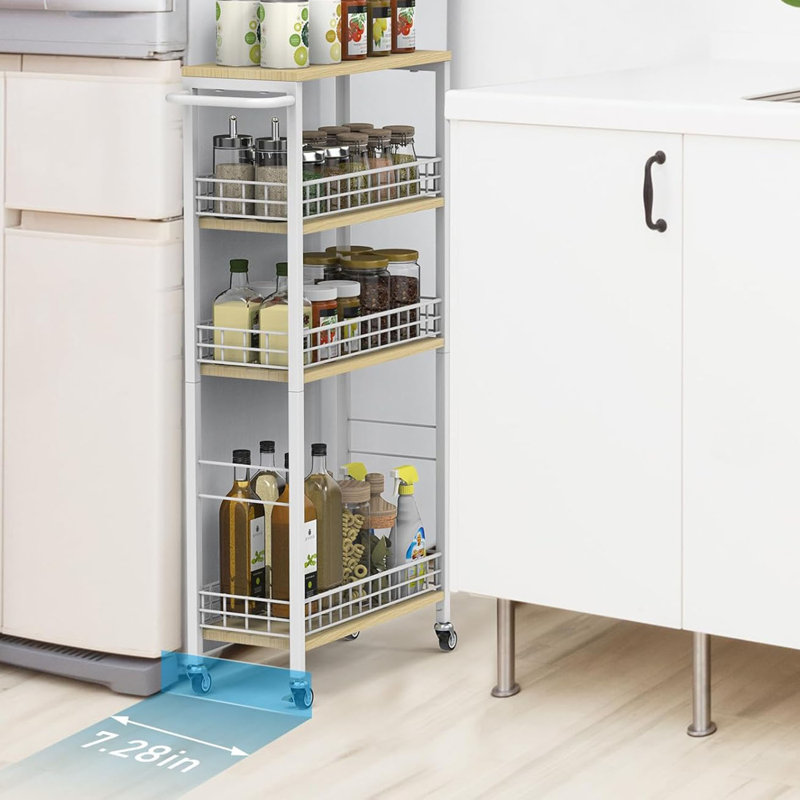 Laundry Storage Cart On Wheels And Wood Table Top Mobile Shelving Unit