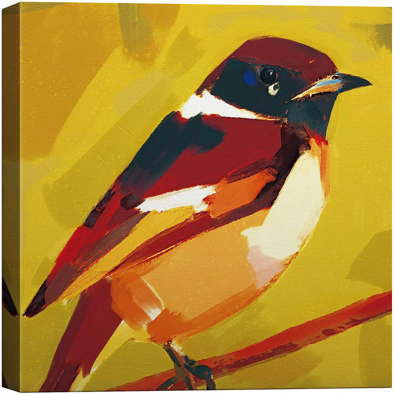 Mignon chardonneret brun, rouge et orange perché sur une branche sur fond jaune sur toile, H 16 po x l 16 po x P 1,5 po