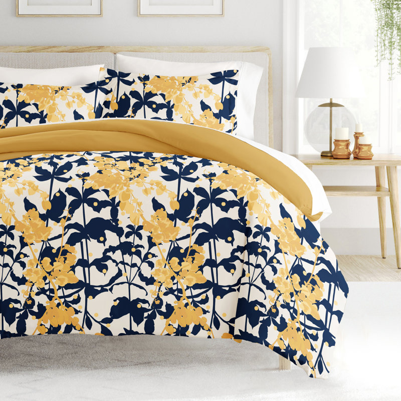 Yellow and Navy Boho Flower Reversible Full/Queen Duvet Cover Set