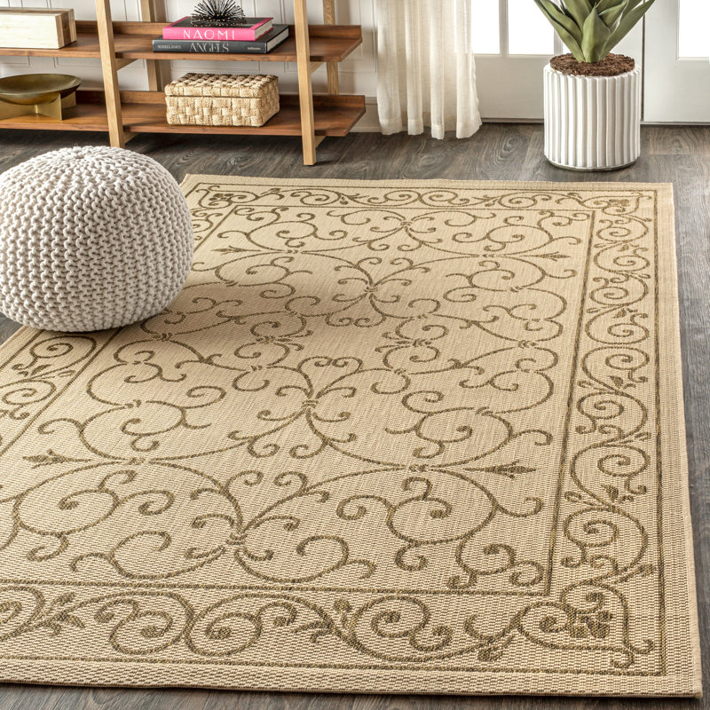 Hagerman Vintage Filigree Textured Weave Beige/Brown Indoor/Outdoor Rug, Rectangle 3'11" x 6'