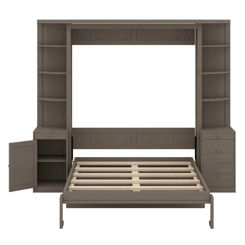 Grand lit escamotable avec bureau, tablettes et armoires ouvertes, lit escamotable pliable en bois avec poste de travail et tiroirs