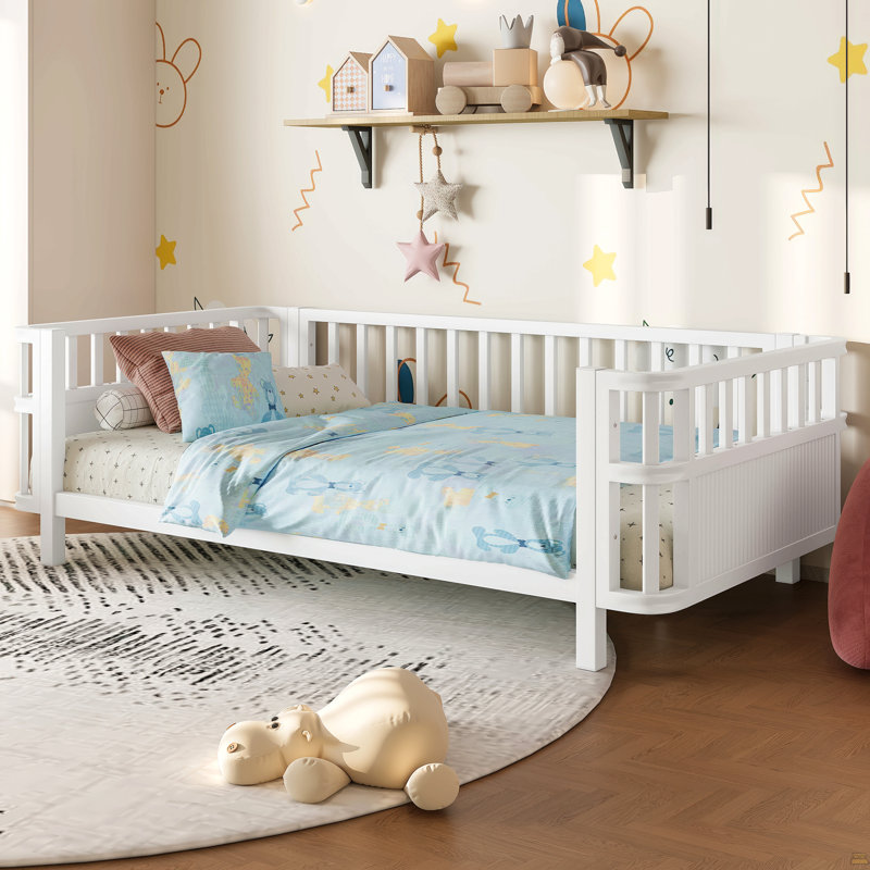 Lit plateforme double en bois pour enfants avec rampes, Blanc
