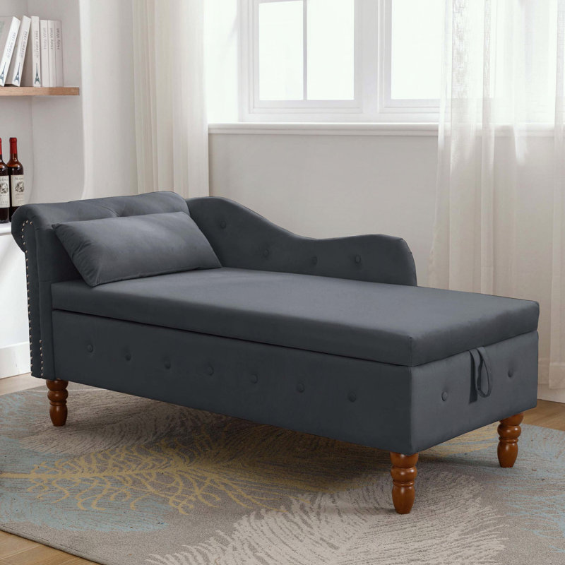 Chaise longue en velours avec rangement, coussin et garniture cloutée, Noir