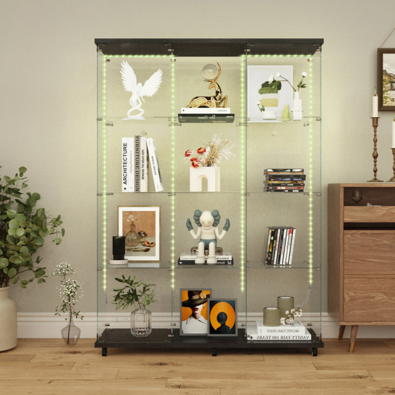 Tempered Glass Display Cabinet, Wine Cabinet,Storage Cabinet,File Cabinet,With Bluetooth LED Light Strip,Lock On The Door,Equipped With Cast,Easy To Move,For Living Room, Bedroom,Hallway,Office
