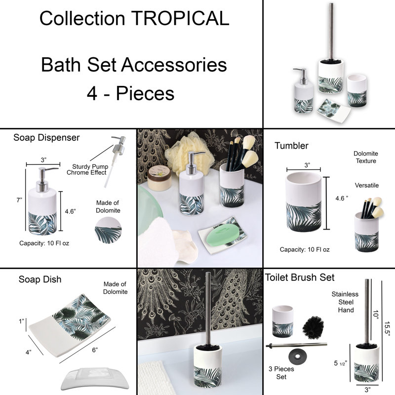 Tropical Leaf Ceramic and Wood 4-Piece Bathroom Accessory Set