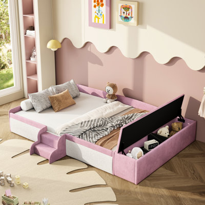 Pink+White Full Size Velvet Upholstered Daybed With Stairs, Gas Lift Storage And Attractive - Look Guardrails Comfort Enriching