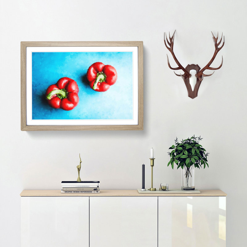 Two Red Bell Peppers - Picture Frame Graphic Art Print, 24cm H x 33cm W x 2cm D, Oak Framed