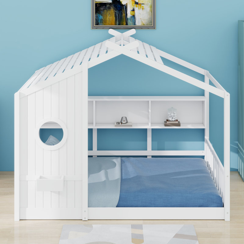 Cadre de lit en bois sur le thème de la maison qui comprend un toit et une tablette de rangement pratique, Lit double, Blanc